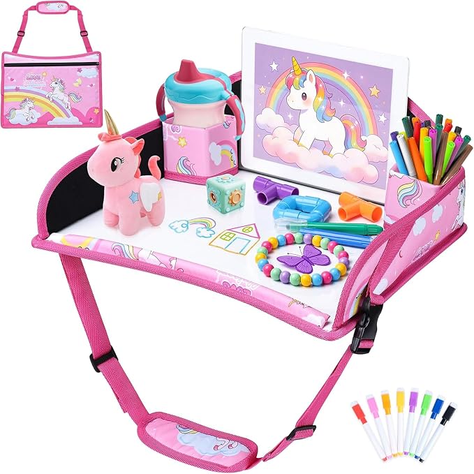 Toddler Car Seat Travel Tray FOR Road Trip Activities, Pink Unicorn | Kids Carseat Tray With 16.7" x 13.4" Smooth Dry Erase Board, Cup holders, Ddjustable Strap & Shoulder Carry Strap by AZAMIA