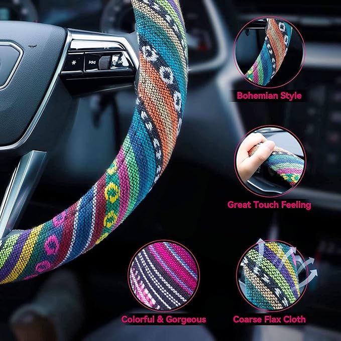Boho Steering Wheel Cover Elastic Microfiber for Women, Universal Fit 15 inch Car SUV, Hippie Style Protector Cover, Anti-Slip, Breathable, Absorbing Sweat - 01 - Image 4