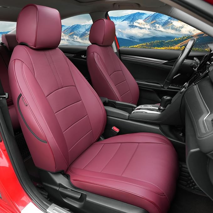 Lolcar Custom Fit Civic Seat Covers for Honda Civic Sedan 2016 2017 2018 2019 2020 2021 EX,EX-L,EX-T,Touring,LX-P,Sport - 5-Seats Leather Full Set，Burgundy(60/40 Split Seatback-with Rear Armrest) by LOLCAR