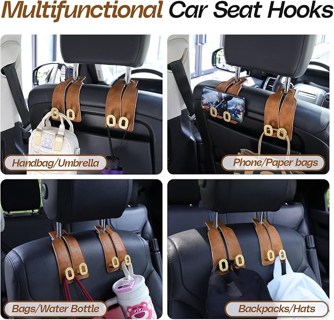 Car Headrest Hooks Universal Car Purse Hook Premium Leather and Alloy Twin Hook Car Seat Back Storage Hanger Hook for Purse Bags Cloth Drink Durable Holder Car Accessories (BH09-Brown-Gold-4 Pcs) - Image 4