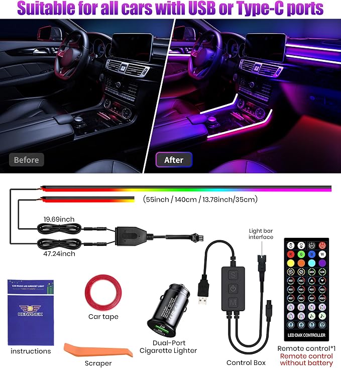 KENANEK 55.12Inch Tesla Interior Lights, 5V USB & Type-C Powered, Acrylic Interior Car LED Strip Lights, App Controlled Music Sync, OEM-Style Ambient Lighting with Dreamcolor Effects (USB-2 Light) - Image 5