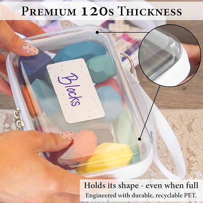 Clear Hard Shell Zipper Case Set (1Large + 2Small), 120s Thick PET Plastic Storage Bags, Dual Zipper Travel Organizer with Star Charms, Removable Strap, Removable Labels & 2 Markers - Image 4