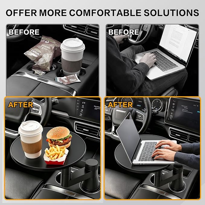 Car Tray Table & Car Desk for Laptop, Dual 360° Rotating Cup Holder Tray, Anti-Slip Leather-Textured Car Food Tray for Eating, Working & Makeup, Compatible with Tesla Model Y/3/S & Most Vehicles - Image 4