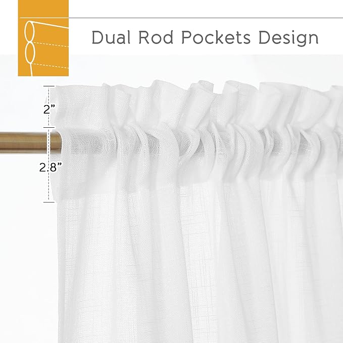 RYB HOME White Semi Sheer Curtains 63 inches Long for Bedroom | Linen Textured Blend, Privacy, Light Airy Sheers, Light Filtering for Bathroom Living Room Cafe, White, W70 x L63, 2 Panels - Image 2
