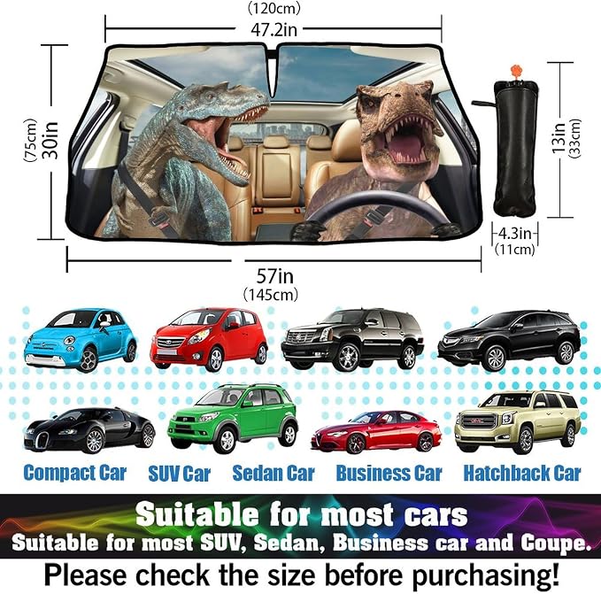 Socira Car Windshield Sun Shade Umbrella Sunshade for Car Windshield | Funny Sun Visor Front Window Cover Dinosaur Car Accessories Gift Blocks Uv Rays Fit for Sedans SUVs & Trucks (57" X 30") - Image 4