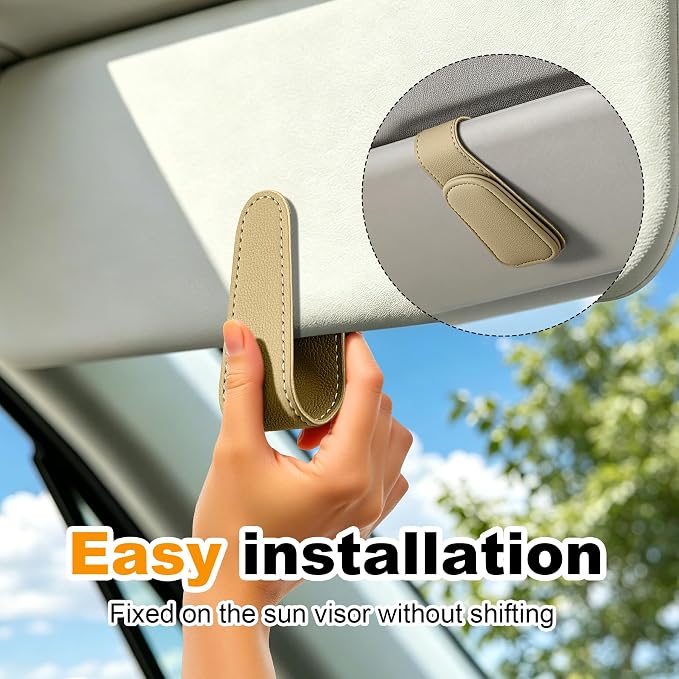 Sunglass Holder for Car Visor Magnetic Leather Visor Sunglasses Clip Eyeglass Hanger Clip for Car Sun Visor Beige 1 Pack - Image 3