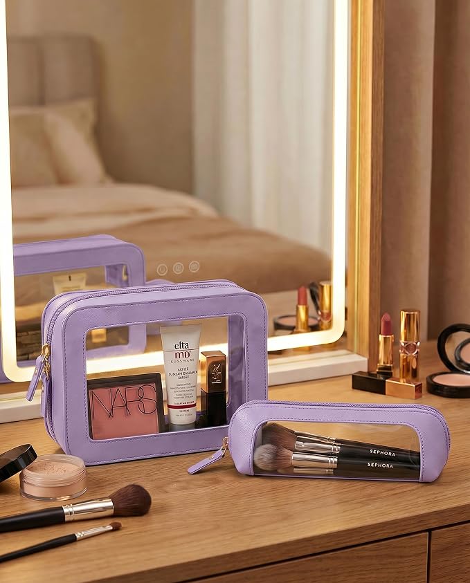 Makeup Bag Set Cosmetic Pouch for Women Waterproof PU Leather,Travel Toiletry Bag Cute Makeup Organizer Purse Pouch Preppy Pencil Case with Zipper (2Pack-Standard&Slim, Purple) - Image 3