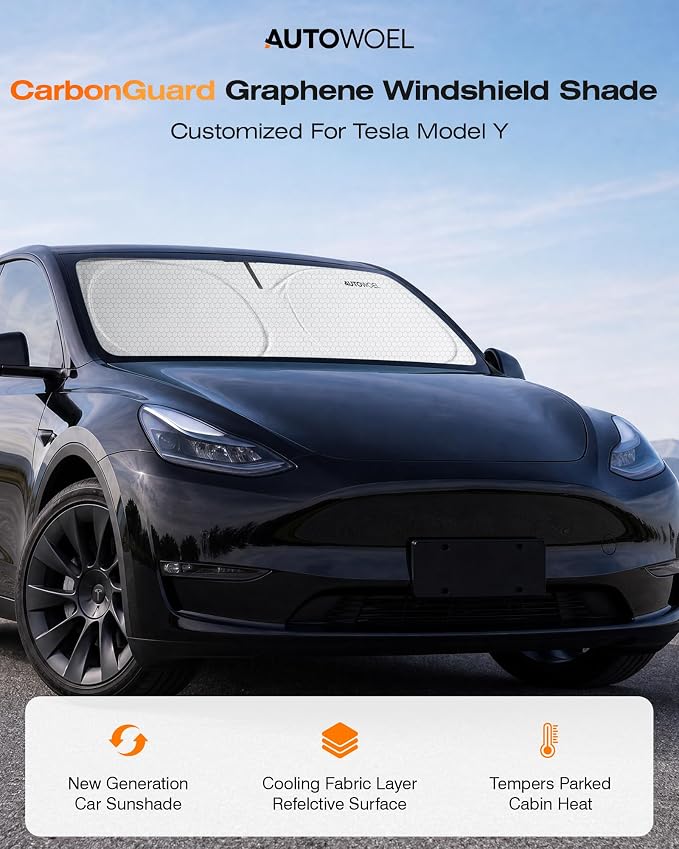 Windshield Sun Shade for Tesla Model 3/Y 2014-2026, Foldable, Car Accessory | Graphene Activated Carbon, Odor-Absorbing, UV and Heat Blocking, Storage Bag Included, Helps Keep the Parked Interior Cooler - Image 2