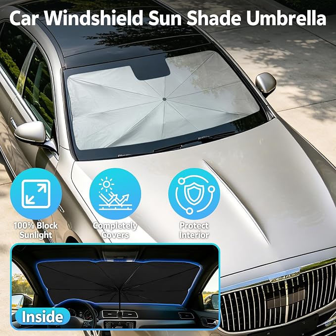 [2026 Upgrade] Windshield Sun Shade Umbrella, Foldable Car Front Window Sunshade with Titanium Coating, UV Rays Blocker & Heat Shield, Keep Vehicle Cool for Car SUV Truck RV Camper Sedan (51in x 31in) - Image 2
