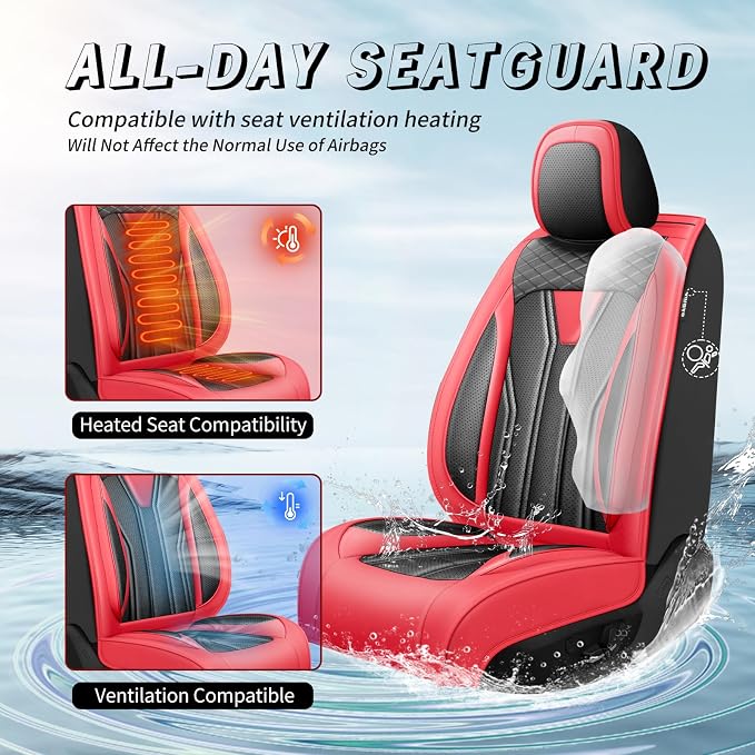 Fit FJ Cruiser Premium Leather Car Seat Covers for Toyota FJ Cruiser 2007-2013 2014 - Waterproof，Breathable，All-Weather Seat Cushion Protecto & Airbag Compatible, 2 Front Seat Red&Black - Image 4