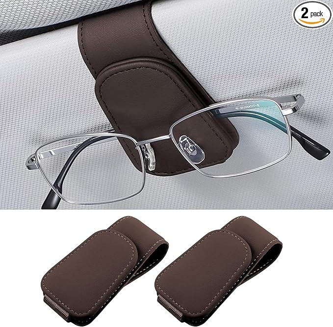 2 Pack Magnetic Leather Car Visor Sunglass Holders, Brown | flip-open design, holds eyewear tickets or cards, tool-free mounting, fits most cars and trucks, car interior accessories by Unknown
