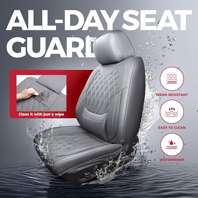 FREESOO Front Seat Covers Faux Leather Waterproof Universal Fit Grey | faux leather front seat covers, breathable waterproof, lumbar support, universal fit sedans hatchbacks pickups - Image 4