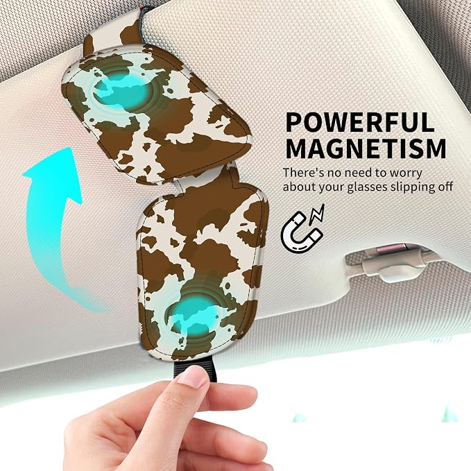Leather Magnetic Sunglass Holder for Car Sun Visor, Cute Eyeglass Ticket Card Hanger Clip, Universal Auto Interior Accessories for SUV Pickup Truck Brown Cow Print - Image 3
