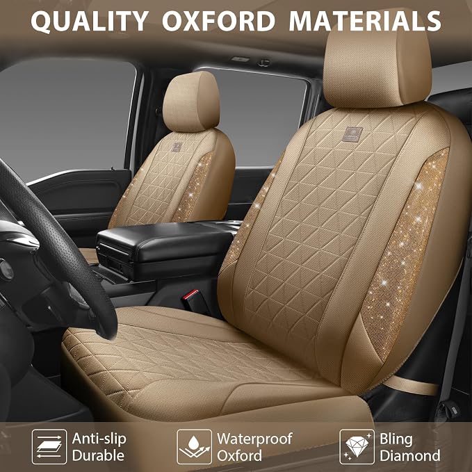 CAR PASS Beige Oxford Bling Diamond Car Seat Covers Full Set Interior Sets, Waterproof Shining Glitter Sparkly Crystal Universal Armrest Fit 95% Automotive Truck SUV Cute Women Girl, Beige Rhinestone - Image 4
