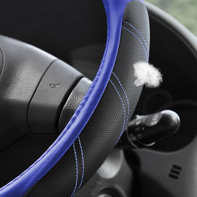 Elantrip Steering Wheel Cover Leather 14 1/2 to 15 inch Universal Padded Soft Grip Breathable for Car Truck SUV Jeep Anti Slip Blue and Black - Image 2