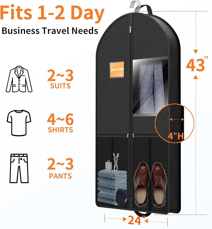 Garment Bag Travel Suit Storage: 43 Inch 3 Packs Fabric Breathable Zippered - Clothes Covers Carry Shoe Pockets Lightweight - Men Travel Wardrobe Protector Hanging Up Multiple - Image 3