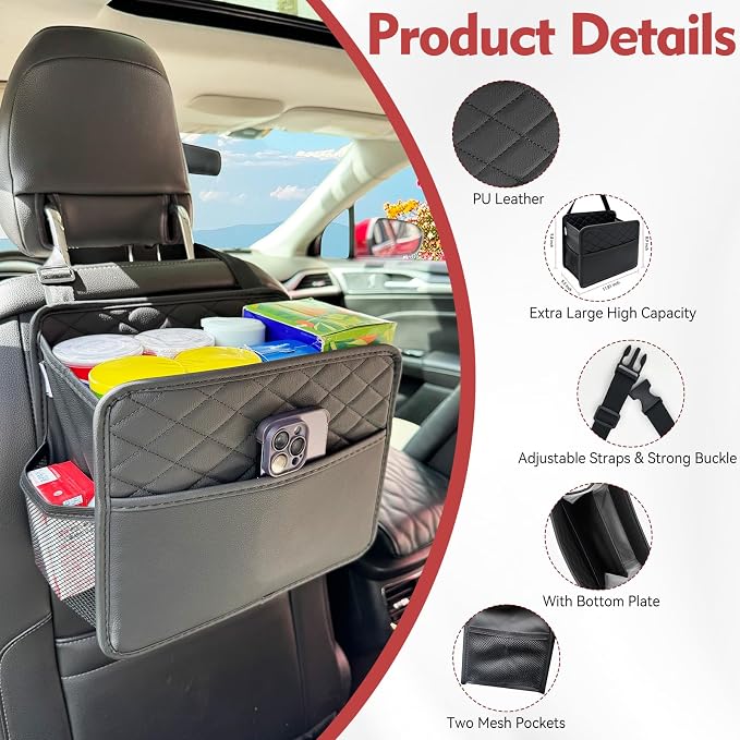 Witaxima Upgraded Extra Large Car Seat Organizer Backseat with 3 Storage Pockets, Multipurpose Car Organizer Hanging Car Trash Bag Can Premium PU Leather Garbage Can 3 Gallon Large Capacity, Black. - Image 3