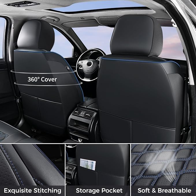 Huidasource 2018-2026 Wrangler JL Seat Covers 4 Door, with Rear Cupholder | Wrangler Leather Seat Covers Full Set, Waterproof Seat Cushion Covers Fit for Jeep Wrangler JL 4-Door (Full Set/Black&Blue) - Image 2