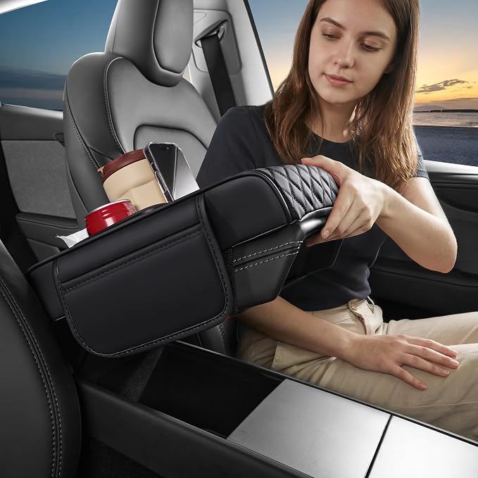 5 in 1 Nappa Leather Console Armrest Cover, Black | Built-in cup holder, tissue slot, phone holder & 2 storage pockets, practical car accessories fit SUV sedan truck - Image 8