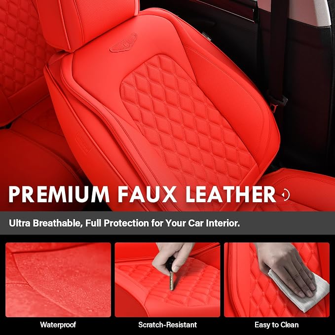 Coverado Full Set Car Seat Covers, 5-Seat Universal Faux Leather Waterproof Seat Covers, Front & Back Car Seat Protectors, Red Leather Seat Covers Fit for Most Vehicles-Red - Image 6