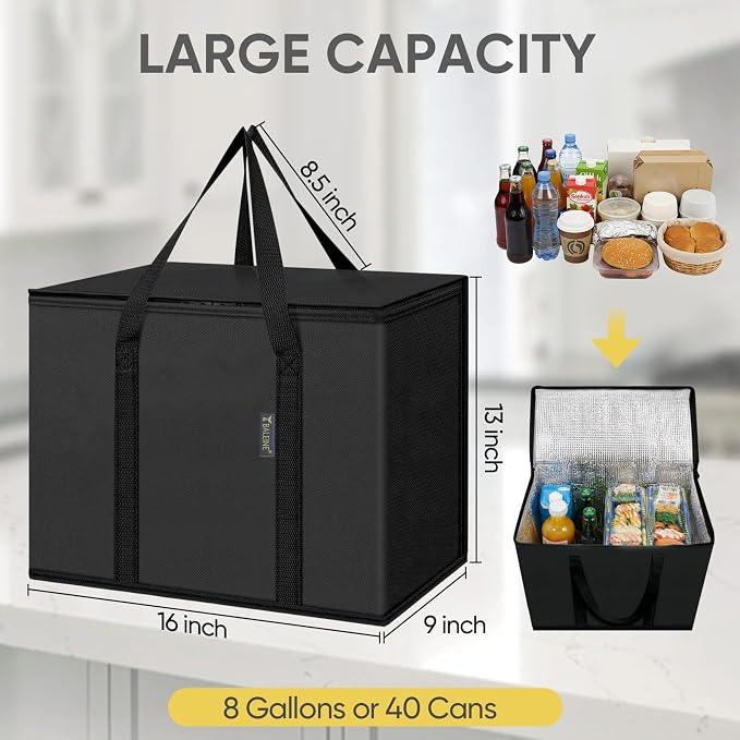 BALEINE 2Pk Insulated Reusable Grocery Bags, Collapsible Cooler Bag for Groceries, Heavy Duty Large Insulated Bag (16''x9''x13'', Charcoal Black) (Pack of 10) - Image 4