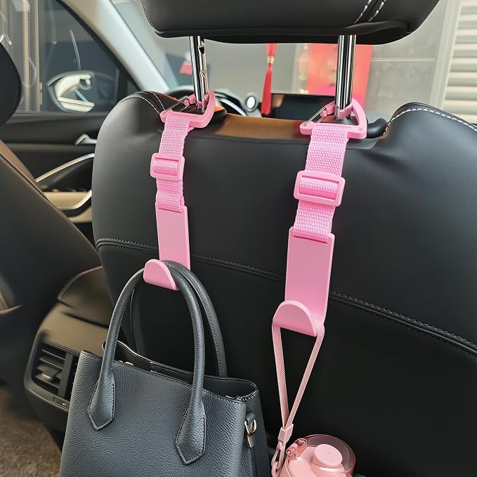 Amooca 4 Pack Anti-drop Headrest Hooks Adjustable Car Seat Organizer | Universal Fit with Clip, Hanger for Backpack Umbrella Water Bottle Coat Purses Handbags Groceries, 40lb Heavy Duty, Pink - Image 2
