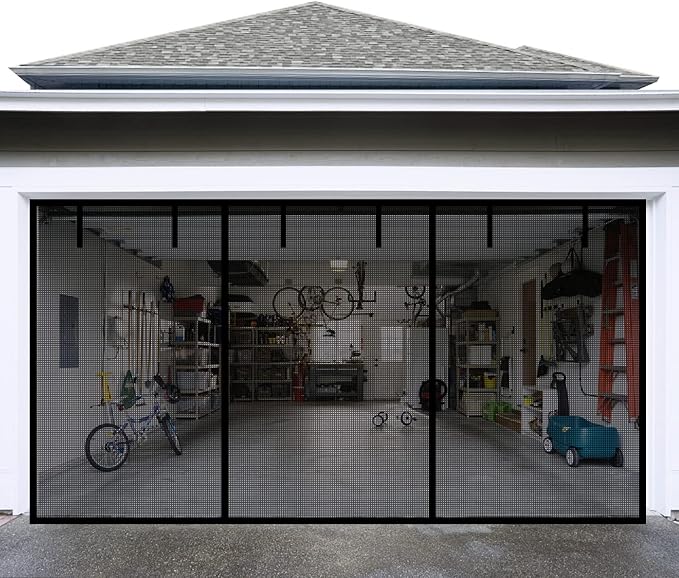 Garage Door Screen for 2 Car Garage, Sunmoxia 16x7Ft Fiberglass Mesh Door Screen with Closure Weighted Bottom, Durable Magnetic Heavy Duty Screen Door Curtain Cover Kit with 6 Strapping Tapes by Sunmoxia