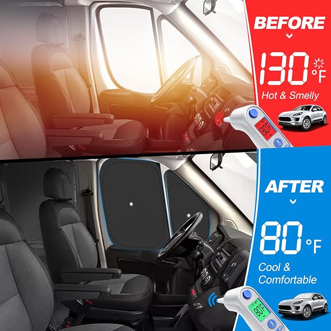 Front Side Window Sun Shade for 2014-2025 Dodge RAM ProMaster Full Size Cargo Van, Foldable Window Sunshade Sun Visor Protector, Side Window Shades Sun Shield Blocks UV Rays Heat, Pack of 4 - Image 2