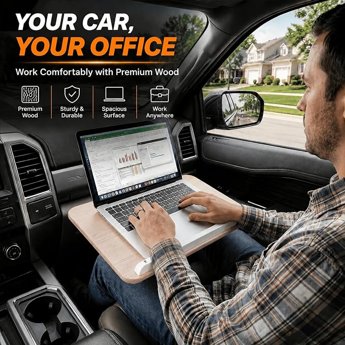 Adjustable Car Desk for Laptop, Portable SUV Workstation with Solid Wood Tabletop, 360° Swivel & Tilt Rotation, Height Adjustable Laptop Stand for Vehicle, Reading, Writing and Travel - Image 2