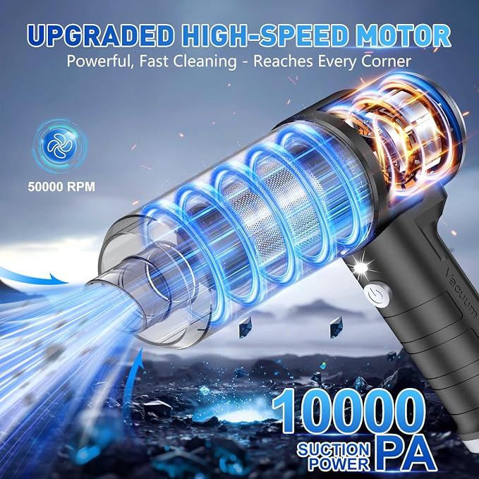 KMM Handheld Car Vacuum Cleaner, 10000PA Hand Held Vacuum & Air Duster | Strong Suction, Cordless, 120W High Power, Portable, Multi-Nozzles & LED Light, for Home, Car, Office - Image 2