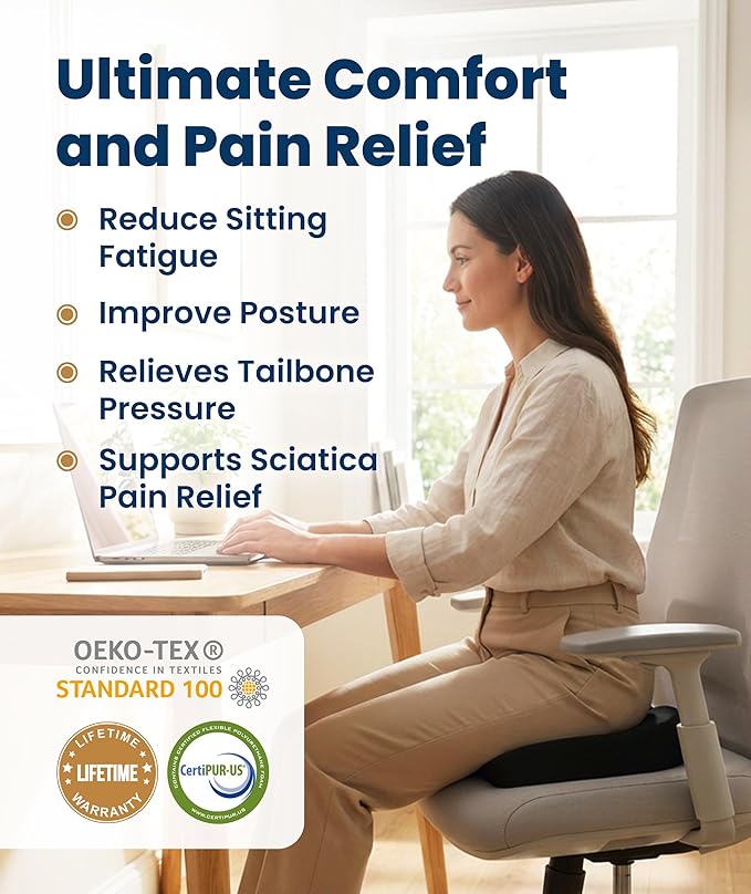 Everlasting Comfort Doctor Recommended Memory Foam Seat Cushion for Office Chairs & Car - Ergonomic Office Desk Accessories - Cushions for Tailbone Pain Relief, Sciatica (Black, Large) - Image 2