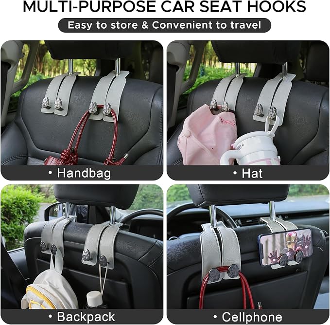 Leather Car Purse Hook for Headrest, 2 Pack (Grey-Black) | Twin Hooks Headrest Hangers, 2/4 Pack, No-Slip, Scratch-Proof, Holds Purses, Backpacks, Grocery Bags, Car Organizer Gift - Image 7