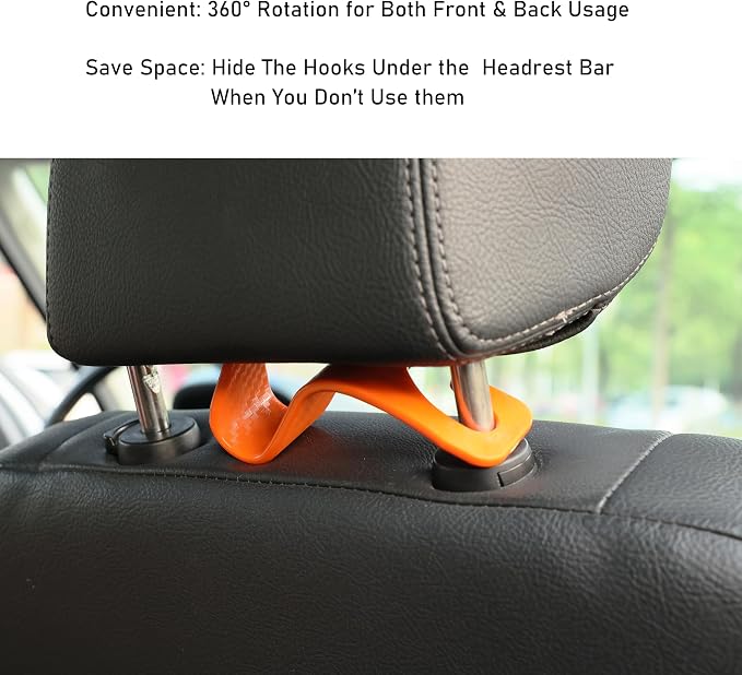 Car Seat Hooks 4 Pack - 55lb Heavy Duty Headrest Hanger, Orange | Universal fit for most cars SUVs,Hang purses handbags coats umbrellas grocery bags,ABS plastic,Easy Installation - Image 5