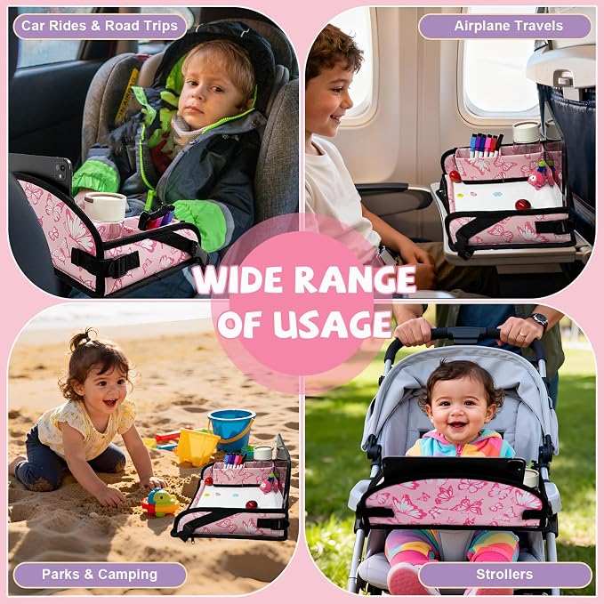 Kids Travel Tray for Car Seat, Toddler Car Seat Activity Tray, Kids Carseat Lap Table, Road Trip Essentials for Airplane, Lap Desk for Kid Roadtrip Activities, Butterfly - Image 3