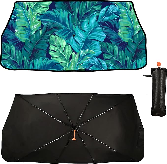 Socira Tropical Car Sun Shade Windshield Umbrella Palm Leaf Sunshade | for Green Window Shades Windshield Sun Shade Umbrella Sun Visor Leaves Car Accessories Keeps Cool 57" x 30" - Image 2