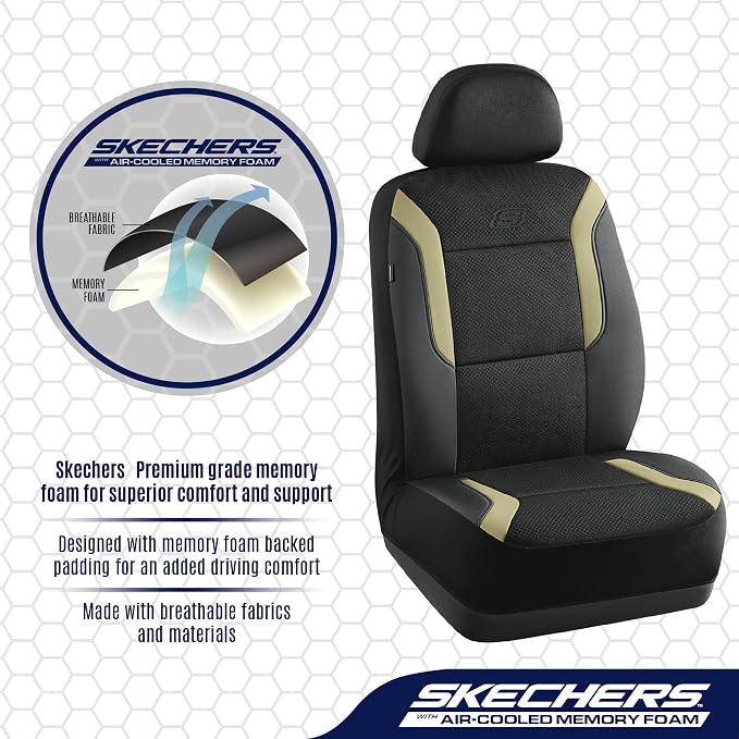 Skechers Memory Foam Car Seat Covers, Air Cool Mesh Thick Seat Covers, Car Seat Full Sets Airbag Compatible, Automotive Comfort Protection for Most Cars,Vans,Trucks, SUVs,Beige - Image 5