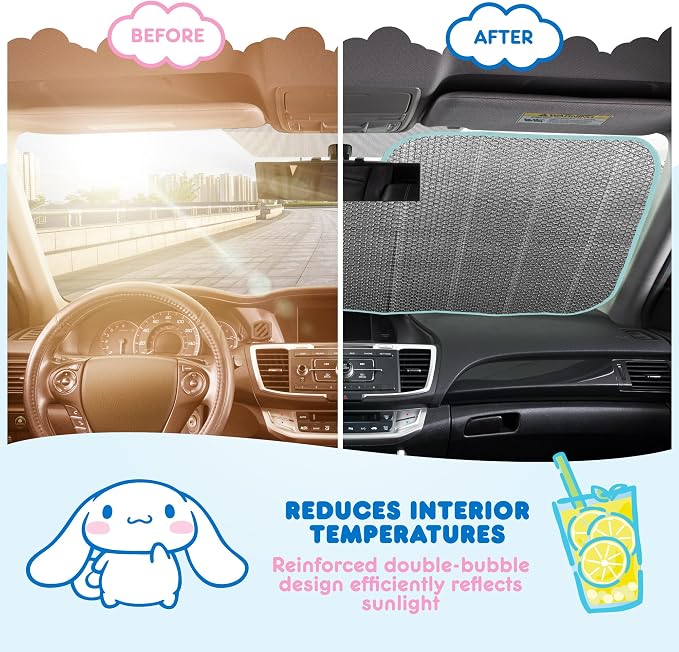 Carbella Cinnamoroll Car Windshield Sun Shade, Official Sanrio Accordion Style Sunshade for Car Window, Cute Kawaii Car Sun Shade Windshield, Cinnamoroll Car Accessories for Women (Lemon Chill) - Image 4