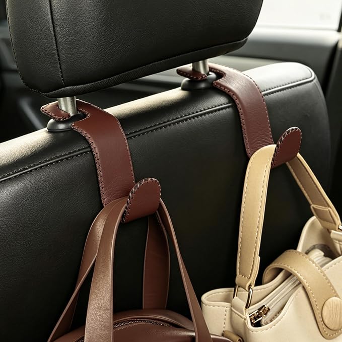 Car Seat Headrest Hook Heavy Duty 55lb Metal Hanger with Leather for Bags | Universal Vehicle Seat Back Organizer, Ergonomic Design, Hang Groceries Handbag Backpack Water Bottle, 2 Pack Brown - Image 7
