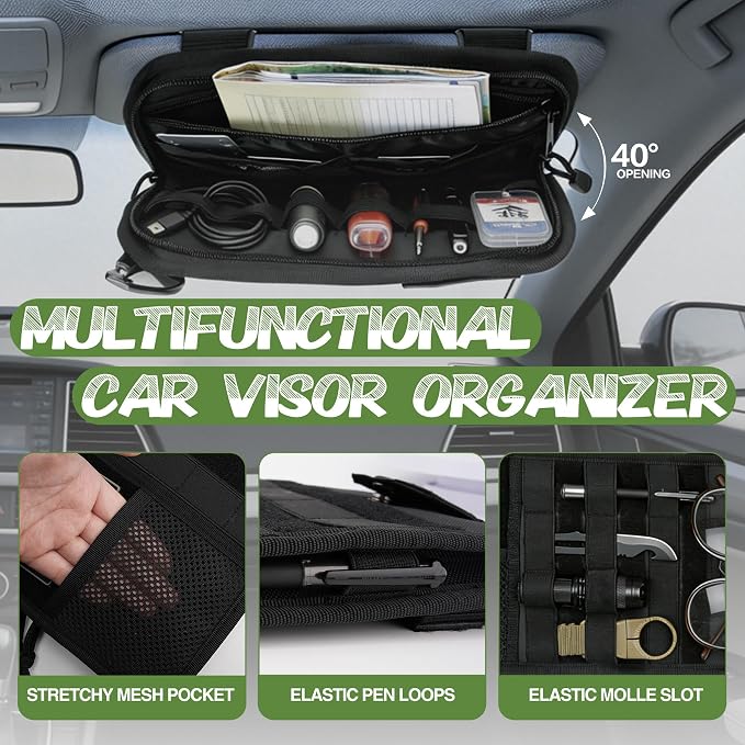 Car Sun Visor Organizer, Fits Most Cars Trucks SUV Jeeps Patrols—Black | Tactical Molle Panel Visor Storage Organizer with Sunglasses Holder for Police Gear & Overland Accessories - Image 3