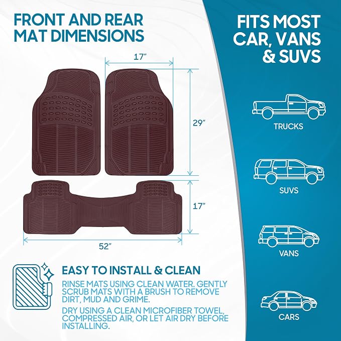 BDK ProLiner Car Floor Mats for Cars Trucks SUV 3pc All-Weather Burgundy | Heavy Duty Rubber Liners with Universal Trimmable Fit, Durable Waterproof Vehicle Auto Floor Mats Channels Burgundy Red - Image 2