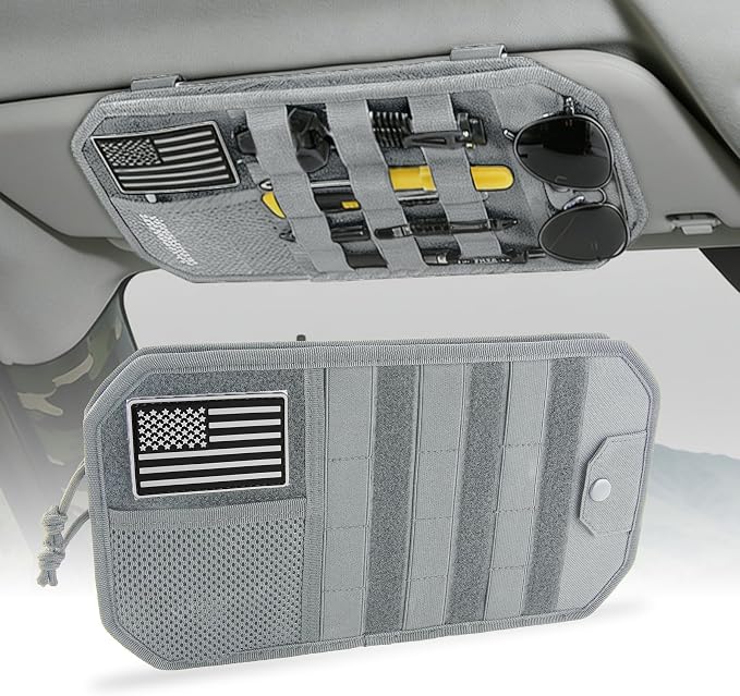 Car Sun Visor Organizer, Fits Most Cars Trucks SUV Jeeps Patrols—Grey | Tactical Molle Panel Visor Storage Organizer with Sunglasses Holder for Police Gear & Overland Accessories by bipkonu