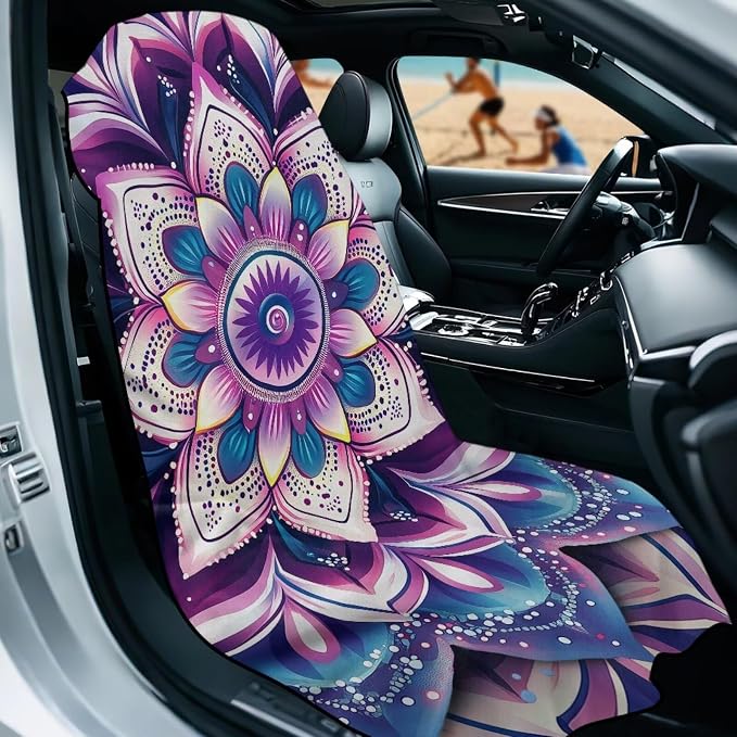 Purple Mandala Lotus Car Seat Cover Towel for Front Seat Only Boho Mandala Flower Car Seat Cover with Storage Bag Non-Slip Car Seat Towel Protector for Yoga Mat Auto Seat Interior Decor - Image 2