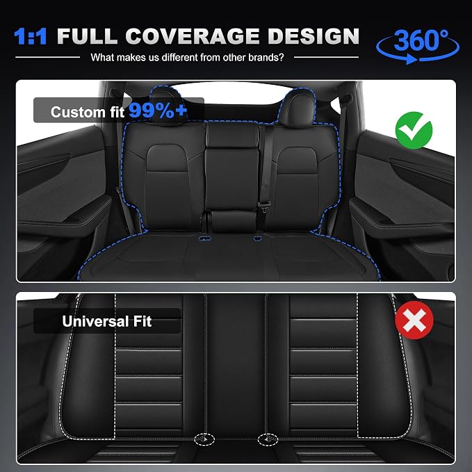 AOMSAZTO Seat Cover for Tesla Model Y 2020-2025 Not for Juniper/Performance | 4-Pieces Set with Seatbelt Cover,Steering Wheel Covers, Headrests,5 Seats Faux Leather Waterproof,Airbag Compatible-Black - Image 7