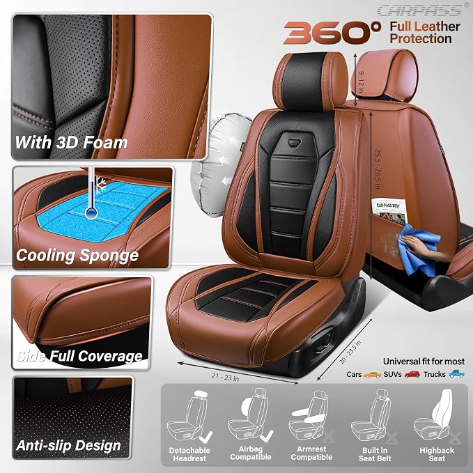 CAR PASS Nappa Leather Car Seat Covers Full Set Faux Leather,Black Brown | Luxury Nappa Leather,360° Full Protection,Water resistant,3D Foam Comfort,Universal Fit for Most Cars SUV Truck,Scratch proof - Image 4