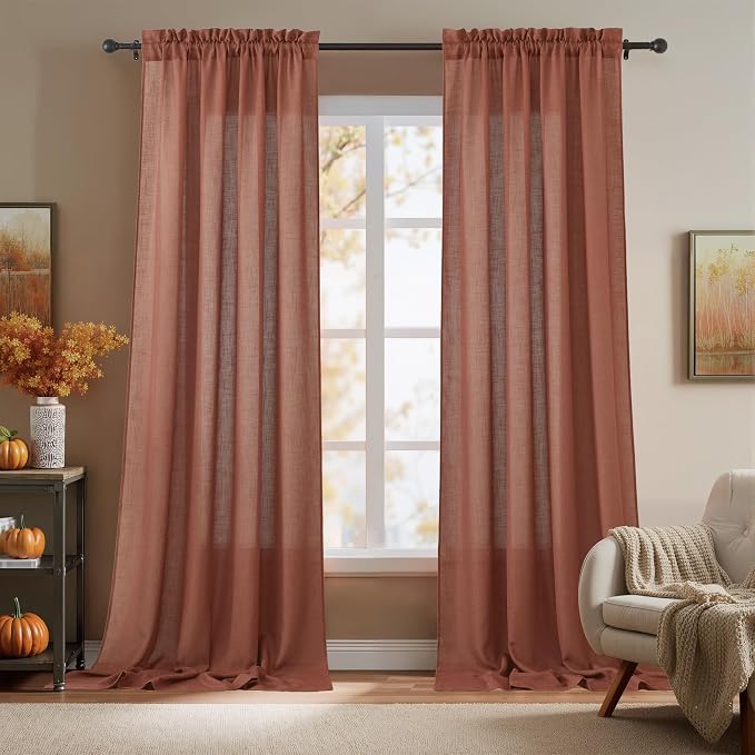 RYB HOME Linen Blend Curtains 102 inches Long for Living Room | Thick Heavy Textured, Rod Pocket, Light Filtering & Privacy, Machine Washable, Terracotta, W52 x L102, 2 Panels by RYBHOME