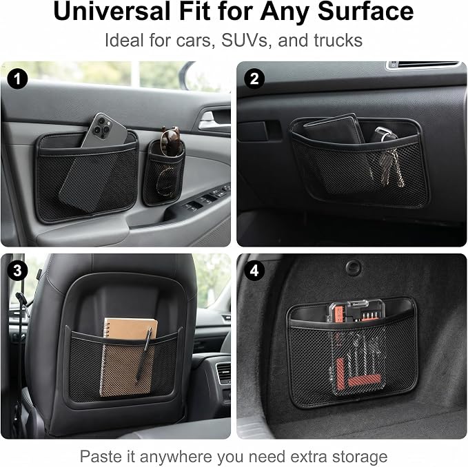 2 PCS Car Organizer Net Pocket, Elastic Mesh Self-Adhesive Side Seat Storage Bag, Portable Seat Gap Filler Storage with 1 Large & 1 Small, Universal for Most Cars, SUVs, Trucks (Black) - Image 6