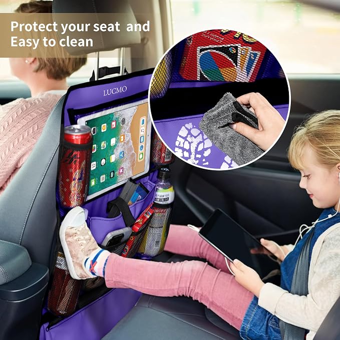 LUCMO Car Backseat Organizer with Touch Screen Tablet Holder, Dark Purple | 2 Pcs,9 Storage Pockets,Clear Tablet Holder,Protectors Kick Mats,Travel Accessories,Seat Cover,Road Trip Essentials - Image 3