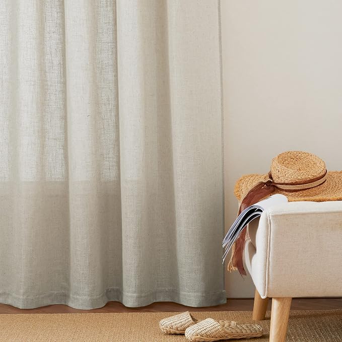 RYB HOME Linen Textured Semi Sheer Curtains 63 inches Long for Living Room | Half Privacy, Light Filtering, Faux Linen Blend, Office Nursery Dorm Bathroom, Angora, W52 x L63, Set of 2 - Image 6