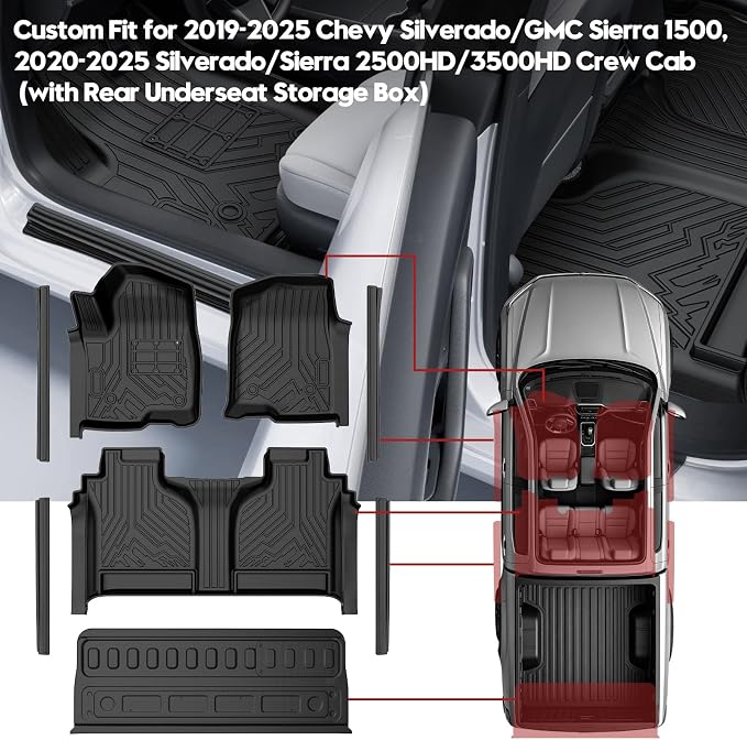 T TGBROS Floor Mats for 2019-2026 Chevy Silverado GMC Sierra 1500 2500HD 3500HD Crew Cab with Tailgate Mat Anti Slip Driver Pad Door Sill Protector TPE Floor Liner Set 8PCS - Image 2