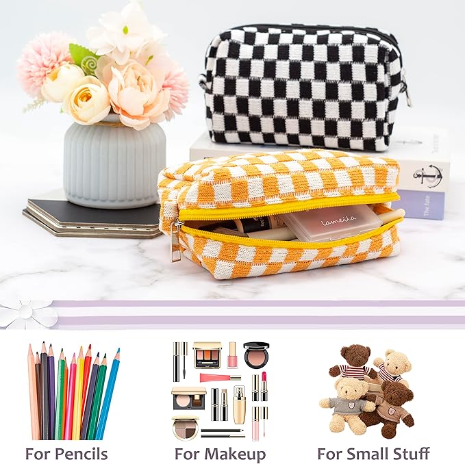 Checkered Makeup Bag for Purse, Small Travel Cosmetic Pouch,Orange,2 Pack | Cute Zipper Makeup Organizer for Women, Travel Essentials, Toiletries, Makeup Brushes, Beauty Accessories&Bridesmaid Gifts - Image 3